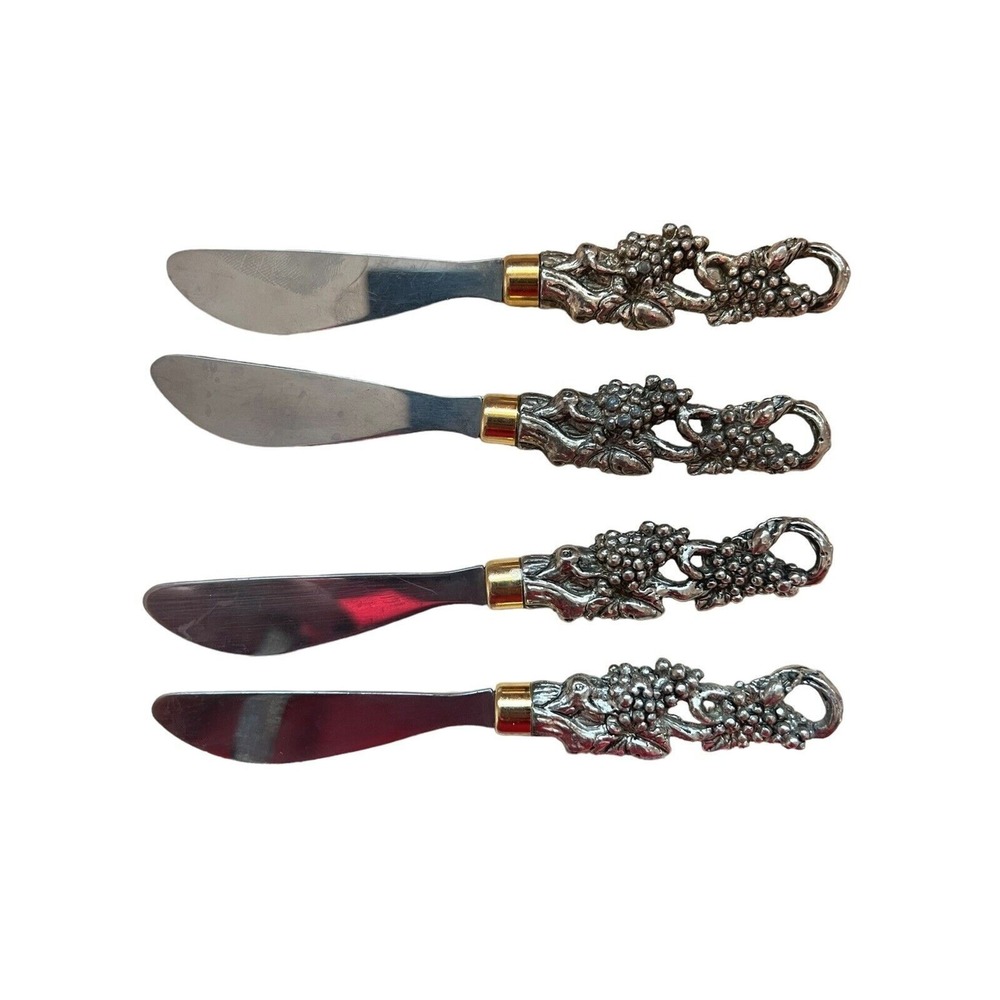 Vintage‎ Cheese Knife Spreader Set~Ornate Handle Raised Relief  Grapes